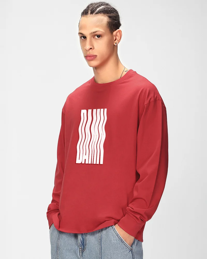 بيواكوف Men's Bold Red Damn Typography Oversized T-shirt